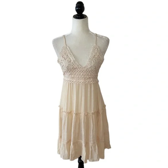 Beige Crochet Top Backless Mini Beach Coverup Dress - Picture 1 of 11
